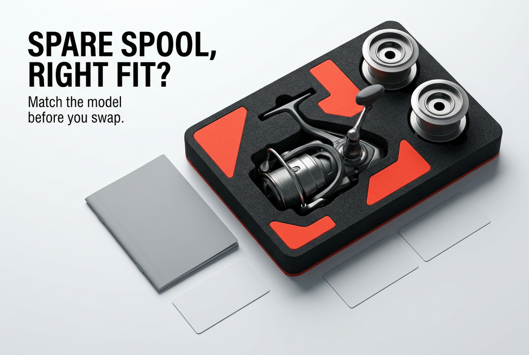 Spinning reel and two spare spools arranged in black foam with red accents, beneath the English title Spare Spool, Right Fit?
