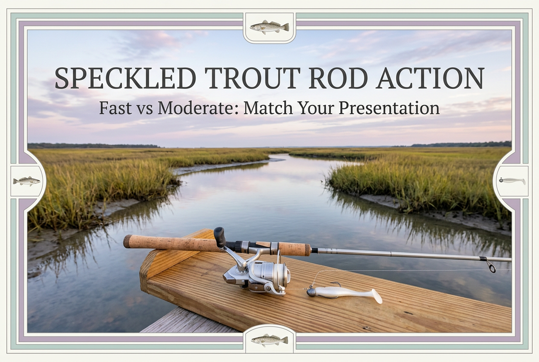 Speckled trout rod action guide showing a light spinning outfit and soft lure beside a saltmarsh creek in morning light.