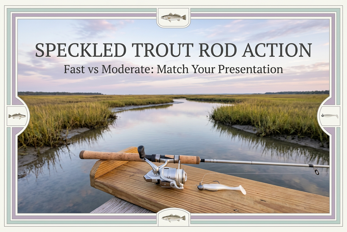Speckled trout rod action guide showing a light spinning outfit and soft lure beside a saltmarsh creek in morning light.