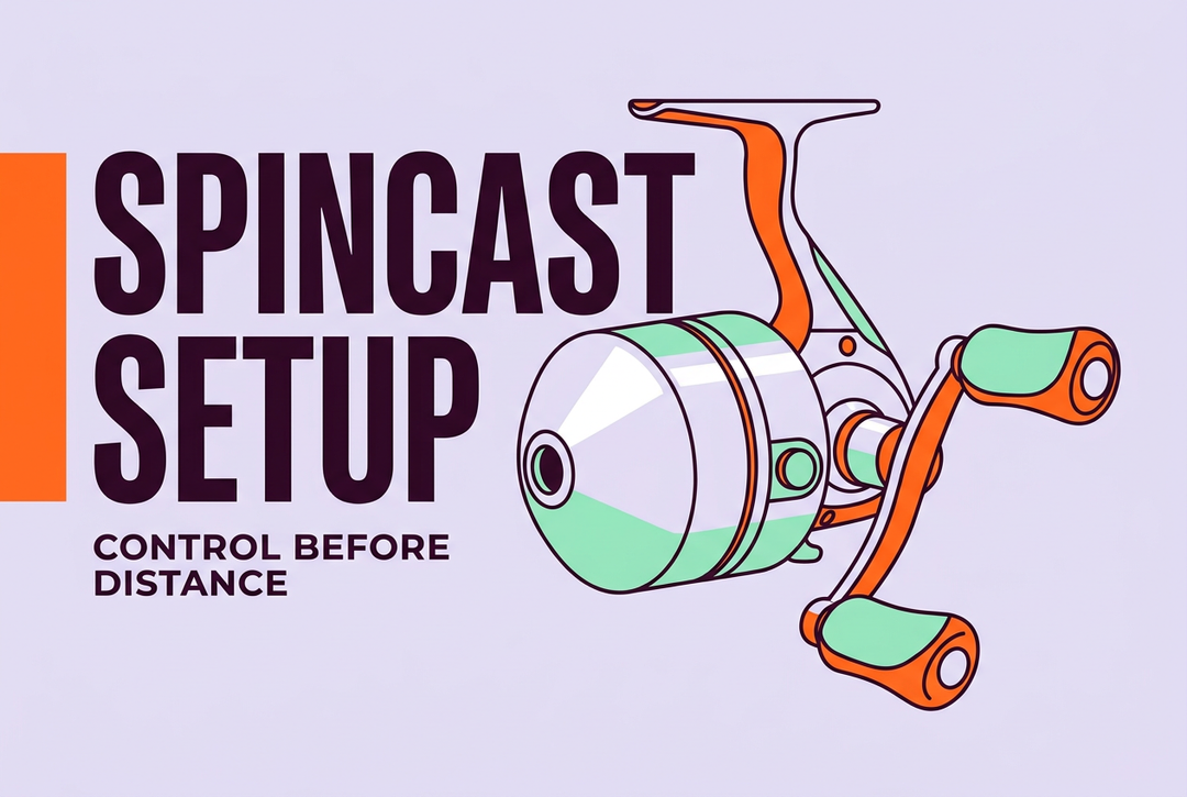 Generic closed-face reel illustration in orange and mint on a lavender background with Spincast Setup lettering