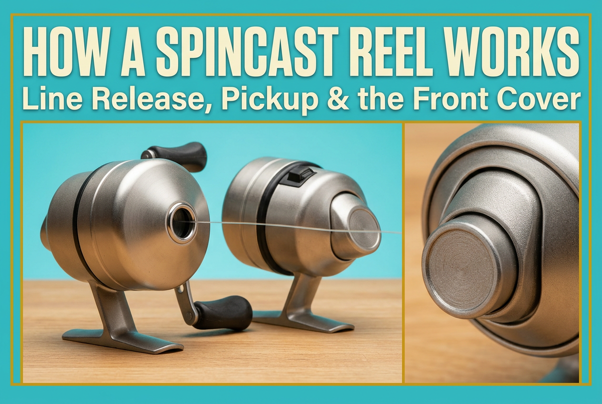 How a Spincast Reel Works cover showing generic closed-face reels from front and rear views, with a push-button detail panel and aqua and mustard framing.