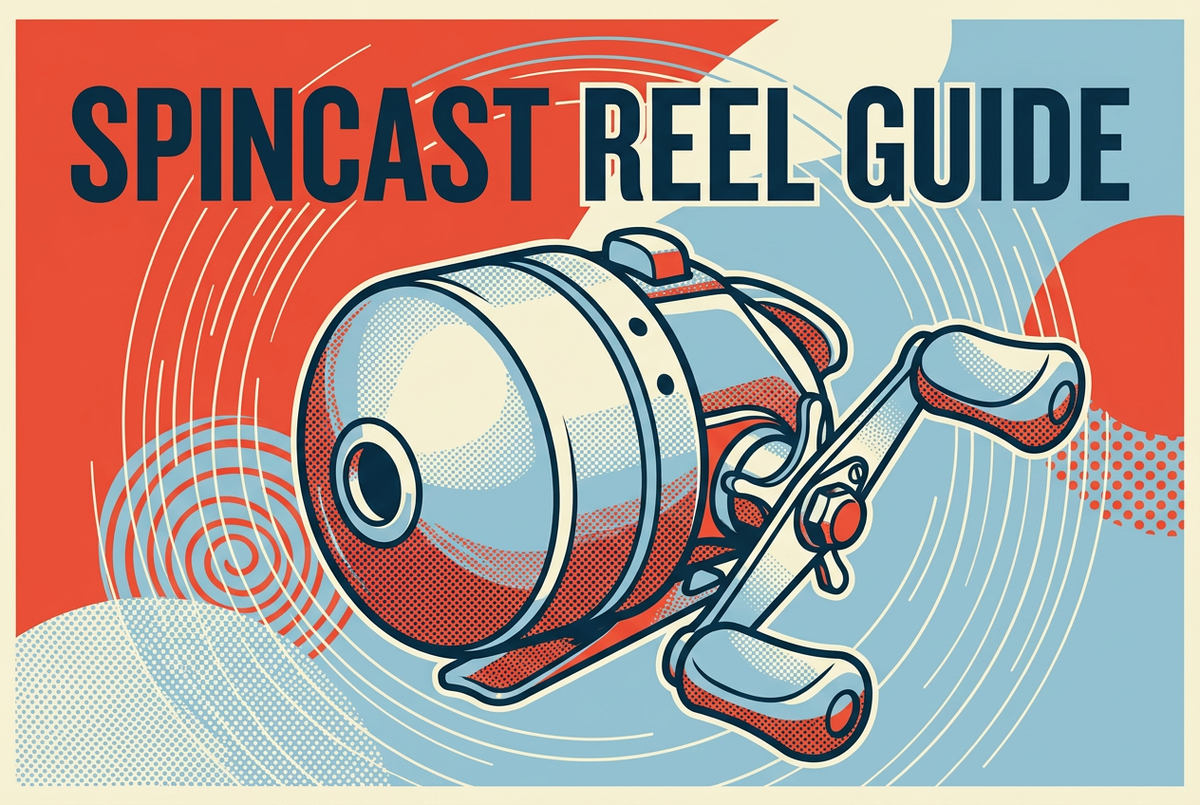 Red, light-blue and cream pop-art illustration of a closed-face fishing reel with a side handle under the heading Spincast Reel Guide.