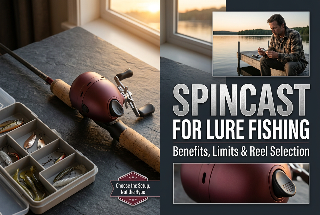 Photo-style spincast lure-fishing cover showing a closed-face reel beside a casting rod and tackle tray, with dock and button-detail insets.