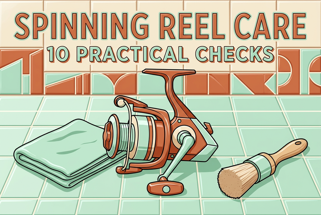 Terracotta and mint tile-style illustration of an intact generic spinning reel, folded cloth and soft brush beneath Spinning Reel Care: 10 Practical Checks.