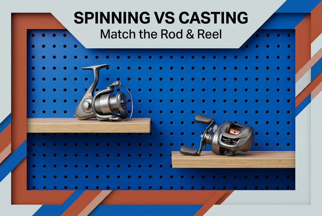Spinning vs Casting cover showing a generic spinning reel and low-profile baitcasting reel on separate shelves against a blue pegboard with terracotta framing.