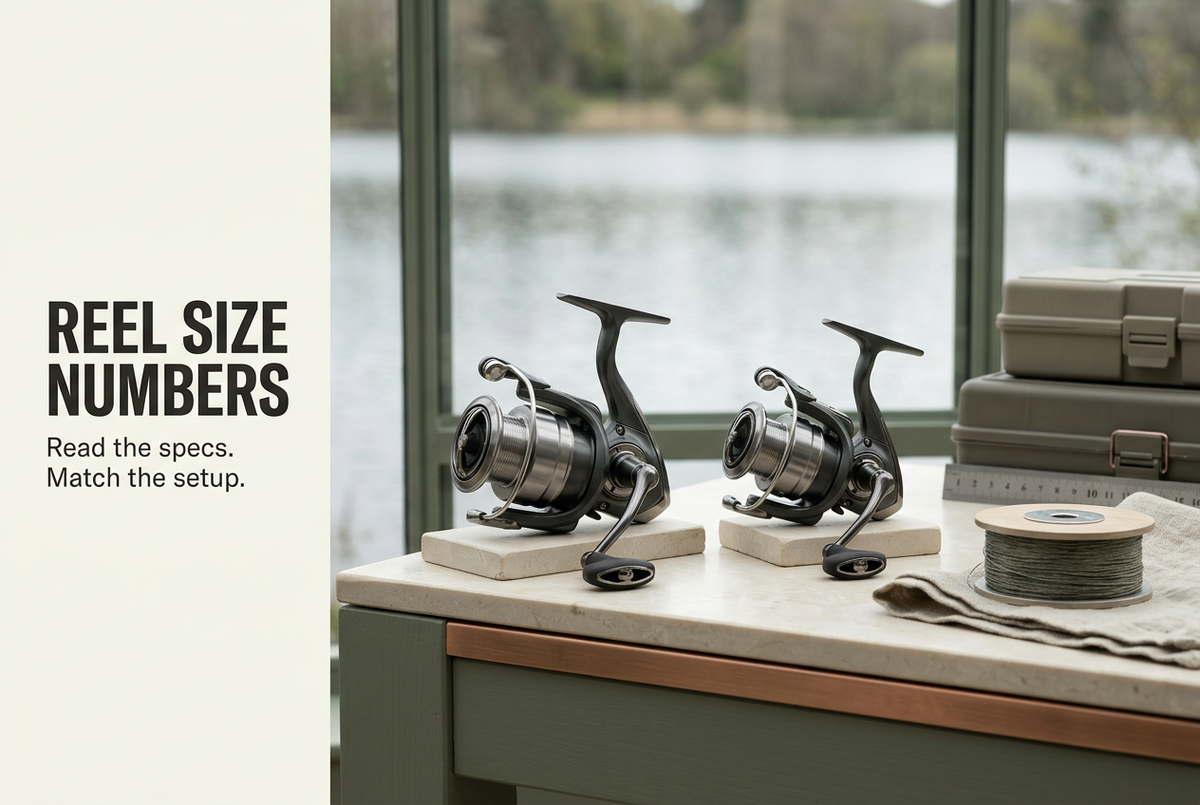 Two spinning reels and a line spool on a sage-green lakeside workbench, with the English heading Reel Size Numbers.