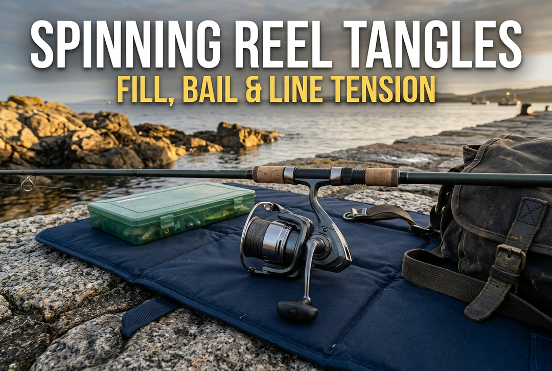 Spinning Reel Tangles cover showing a generic spinning reel mounted below a rod on a navy mat beside a tackle box and bag on a coastal stone jetty.
