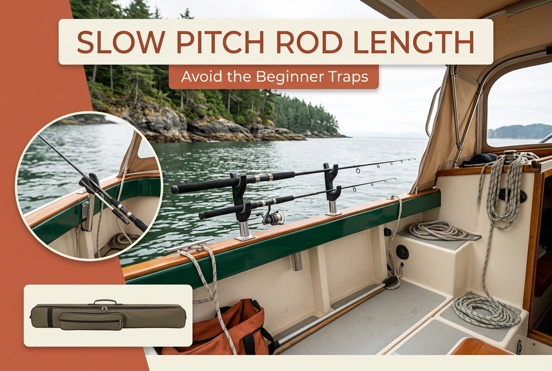 Boat cockpit with two rods stored beside the rail, clearance and rod-case insets beneath Slow Pitch Rod Length and Avoid the Beginner Traps.