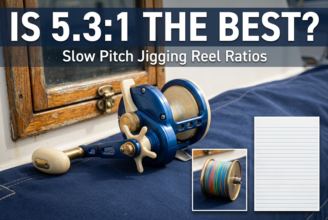 Blue conventional reel on navy fabric with spool and blank-notebook insets beneath Is 5.3:1 the Best and Slow Pitch Jigging Reel Ratios.