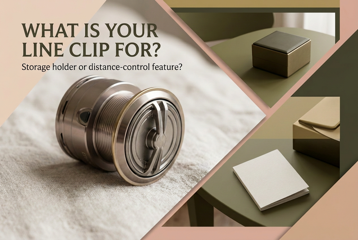Stationary reel spool on linen with inset booklet and storage boxes, headed What Is Your Line Clip For