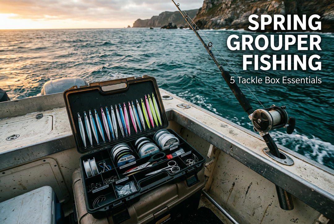 Organized saltwater tackle box on a boat at dawn with the headline Spring Grouper Fishing: 5 Tackle Box Essentials.