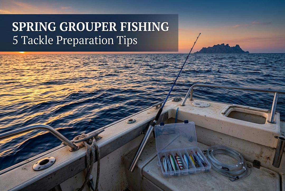 Spring Grouper Fishing cover showing an offshore boat at dawn with a secured fishing rod, metal jig case and coiled leader.