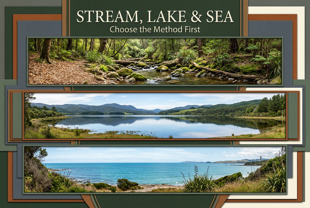 Stream Lake and Sea cover with three photo-style panels showing a forest stream, calm lake and coastal water, with Choose the Method First text.