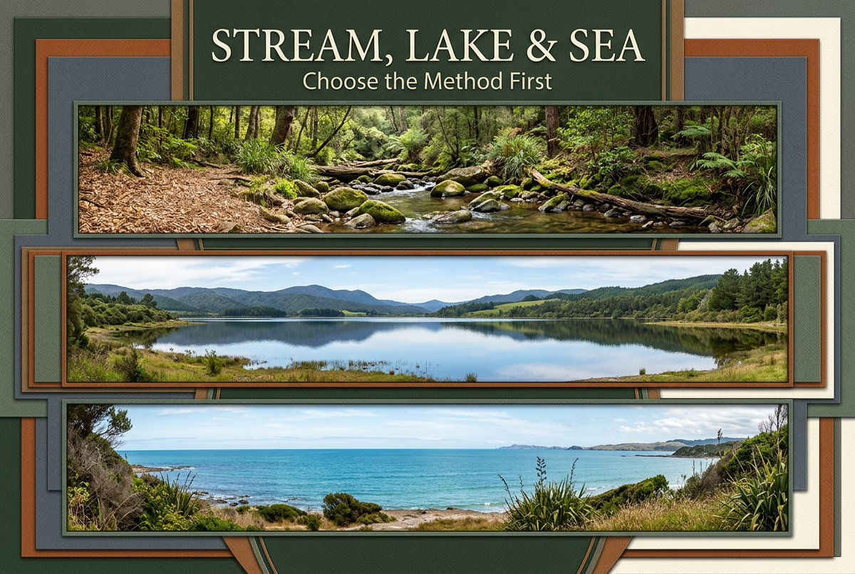 Stream Lake and Sea cover with three photo-style panels showing a forest stream, calm lake and coastal water, with Choose the Method First text.