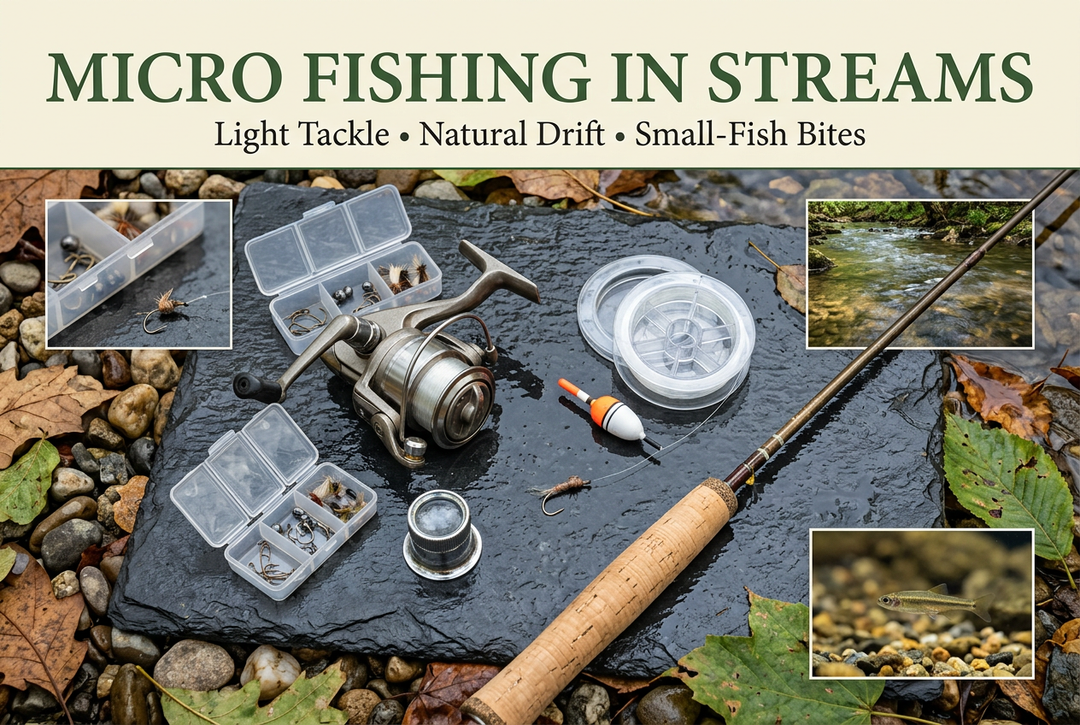 Photo-style micro fishing cover showing a spinning reel, fine line, small float and tackle on wet slate beside a creek, with stream and minnow insets.