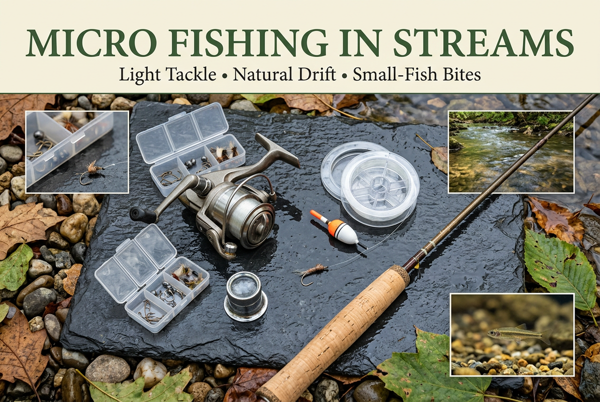 Photo-style micro fishing cover showing a spinning reel, fine line, small float and tackle on wet slate beside a creek, with stream and minnow insets.