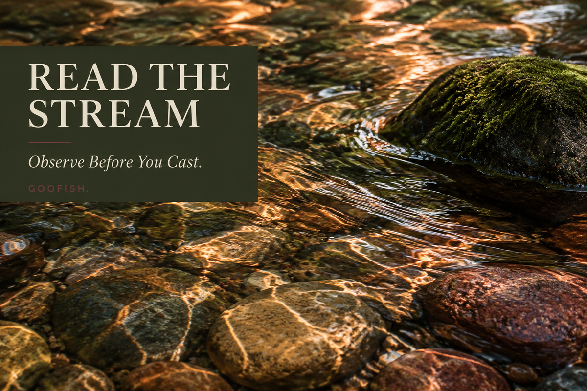Read the Stream cover showing copper sunlight reflections over shallow stones and a moss-covered rock with an olive title panel