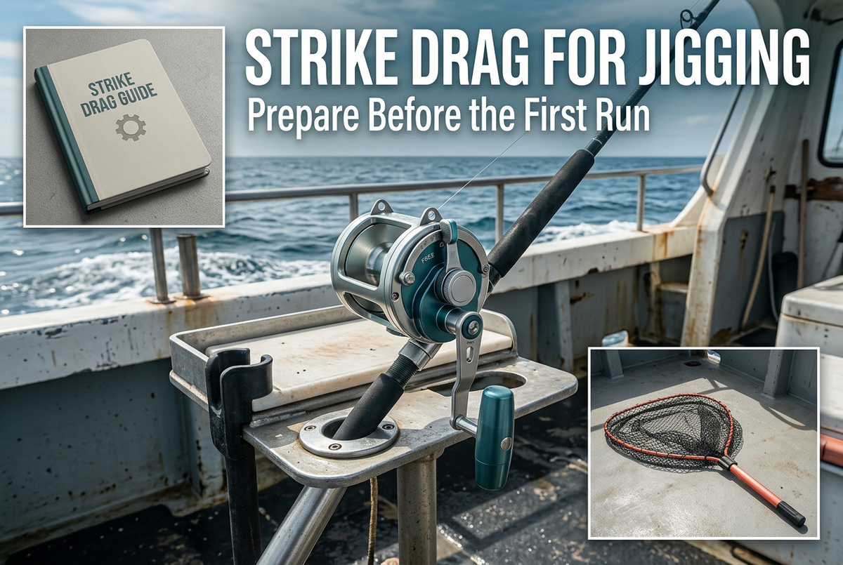 Generic overhead reel secured on a boat rod with instruction-booklet and landing-net insets beneath Strike Drag for Jigging.