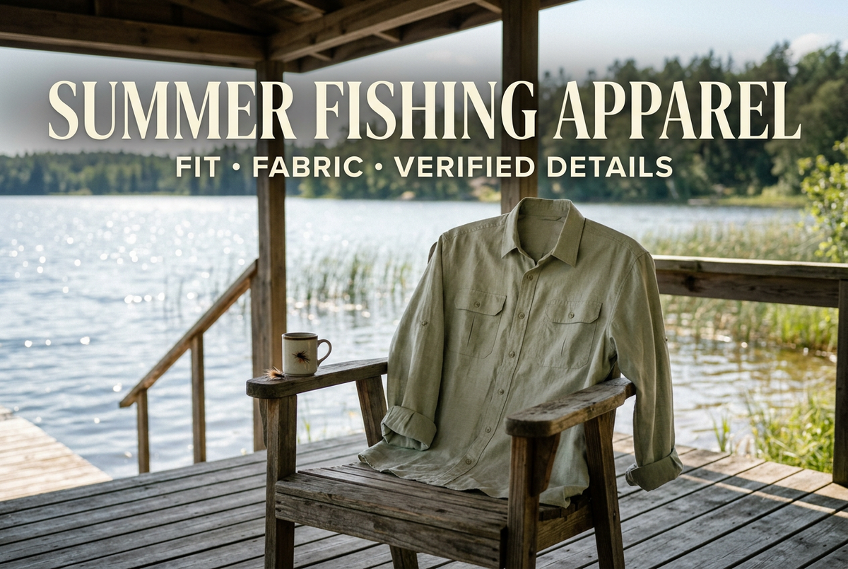 Photorealistic generated lakeside veranda scene with a generic long-sleeve shirt on a wooden chair, reading Summer Fishing Apparel: Fit, Fabric, Verified Details.