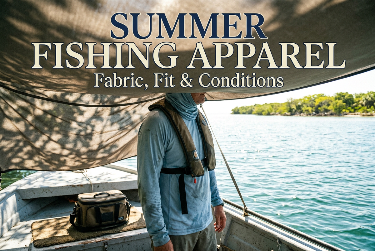 Summer Fishing Apparel cover showing an angler in a generic long-sleeve shirt and flotation vest standing under a boat canopy beside bright water.