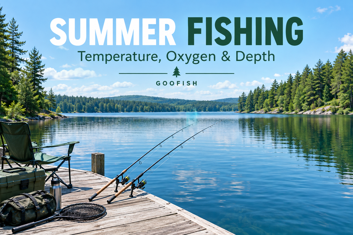 Summer Fishing cover showing a forested freshwater lake and generic fishing rods and equipment on a dock