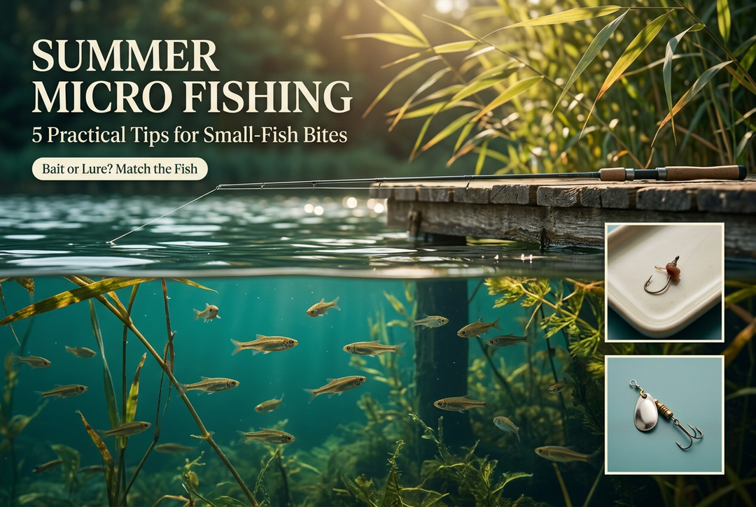 Photo-style summer micro fishing cover with minnows beneath a shaded dock, a rod above the water, and close-up bait and spinner insets.