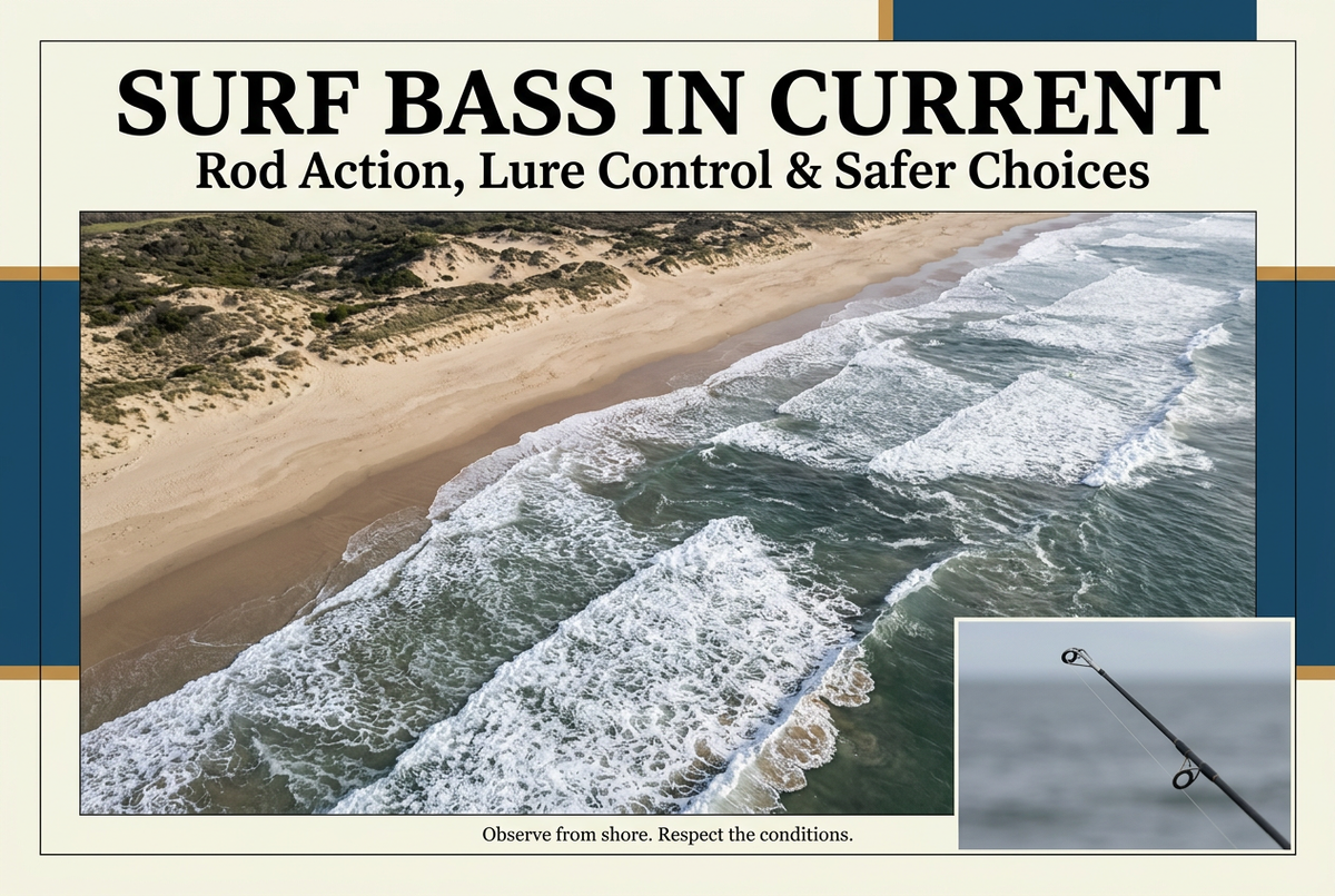 Photographic-style aerial coastline with breaking waves and a rod-tip inset beneath the English headline Surf Bass in Current.