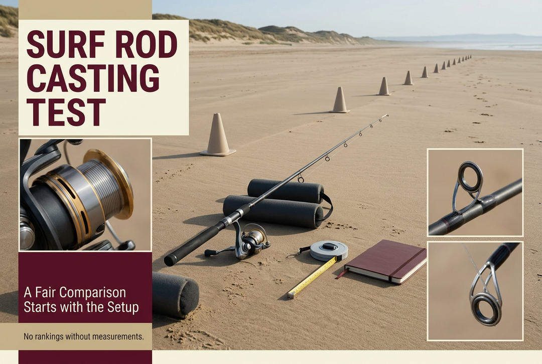 Photographic-style coastal practice area with unnumbered markers, a supported rod, reel and measuring tools beside the English title Surf Rod Casting Test.