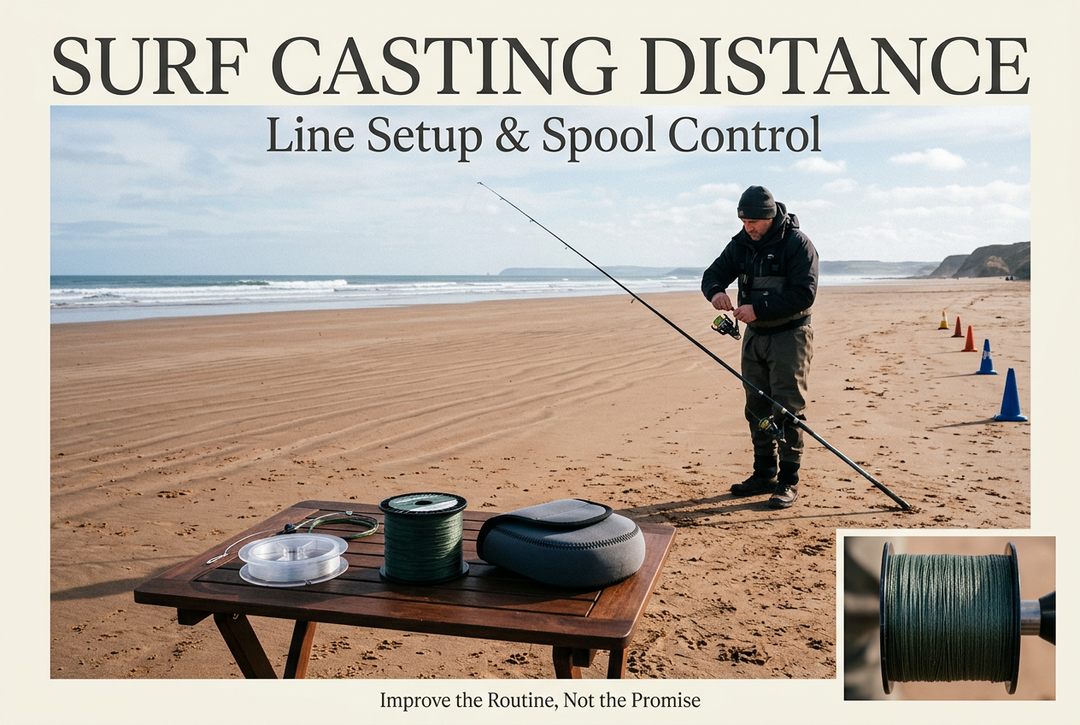 Angler checking tackle beside an empty beach practice area, with line spools in the foreground and English Surf Casting Distance headline.