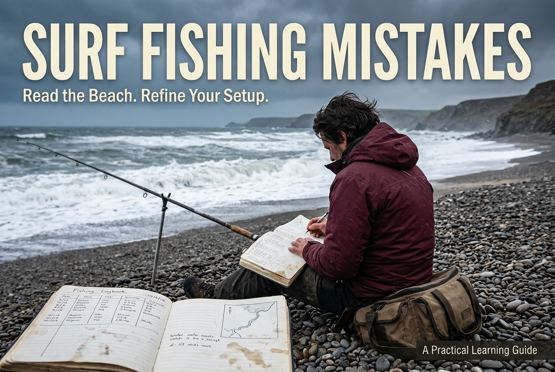Angler recording beach fishing observations in a notebook beside a rod on an overcast pebble beach, with Surf Fishing Mistakes headline.