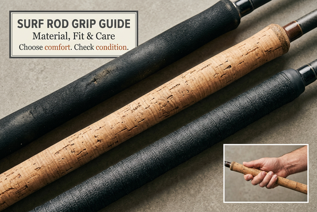 Photographic-style close-up of black foam, cork and wrapped rod handles with a hand-held handle inset beside the English title Surf Rod Grip Guide.