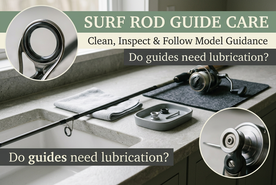 Photographic-style rod and cloth in a coastal care area, with guide and reel insets beside English text asking whether guides need lubrication.
