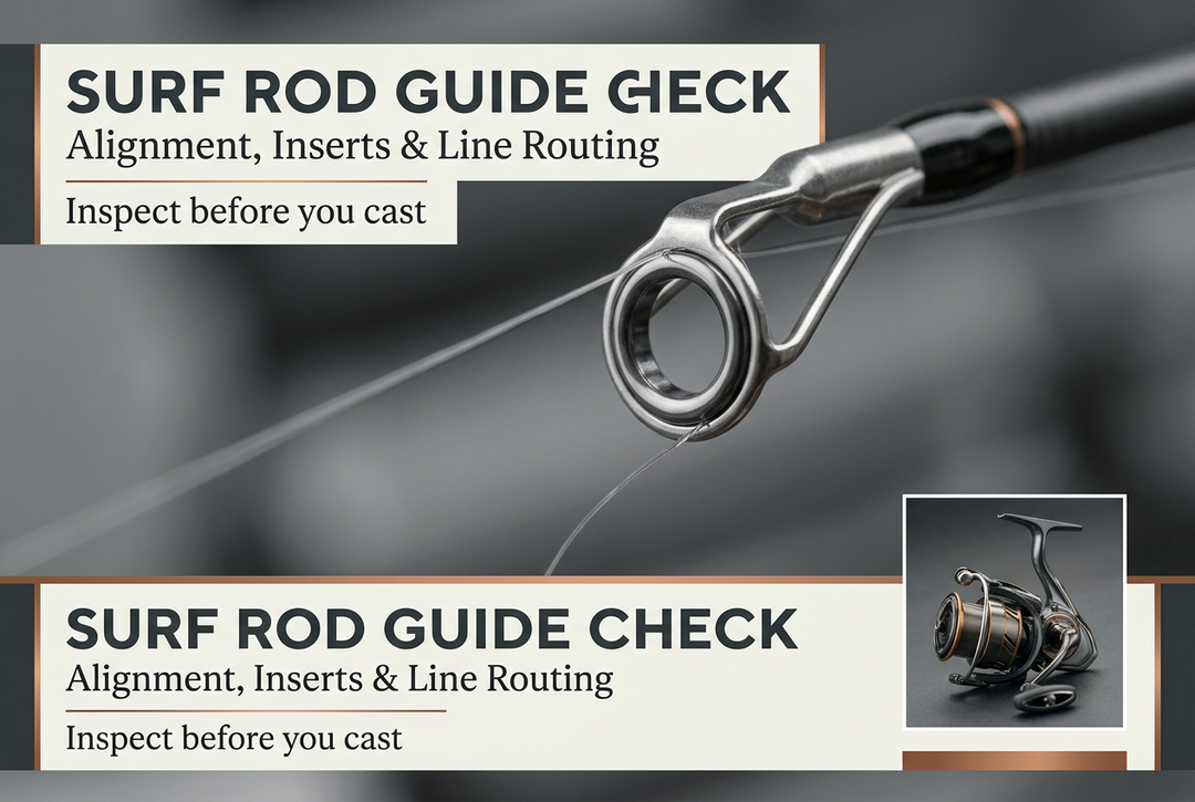 Photographic-style macro of a fishing rod guide and line with a spinning-reel inset and English text Surf Rod Guide Check.