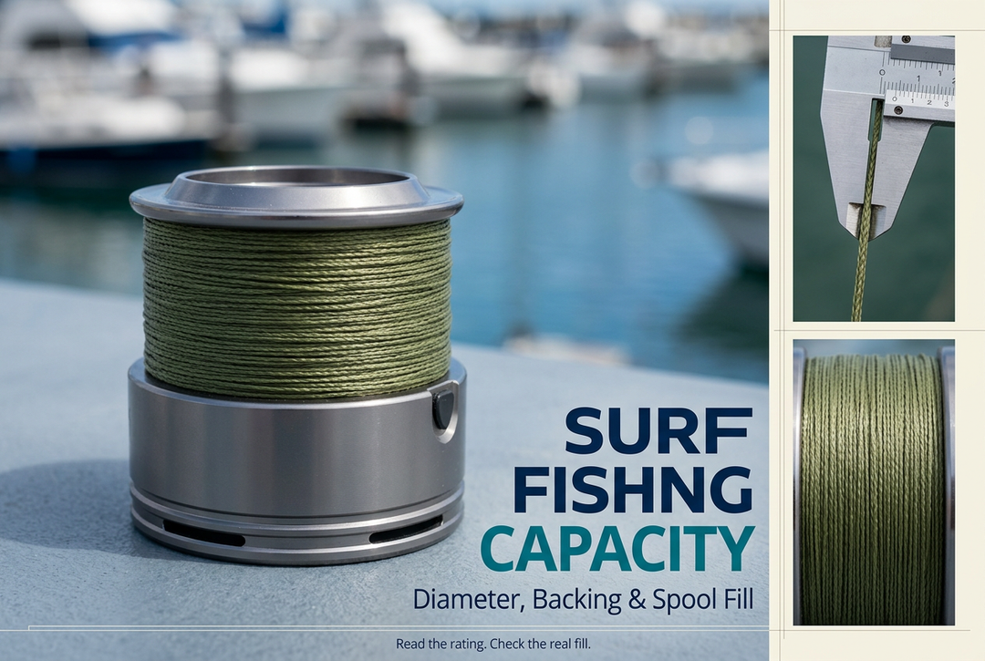 Photographic-style marina scene with a braid-filled spinning reel spool and line-detail insets beside English text about surf fishing capacity, diameter, backing and spool fill.