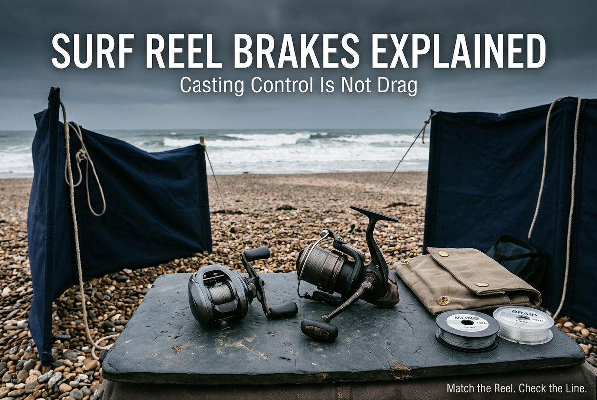 Generic baitcasting and spinning reels on a padded preparation board inside a beach windbreak, with English headline Surf Reel Brakes Explained.