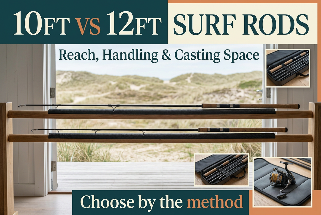 Photographic-style rods on padded boathouse display rails with packed-section and reel insets beneath 10ft vs 12ft Surf Rods.