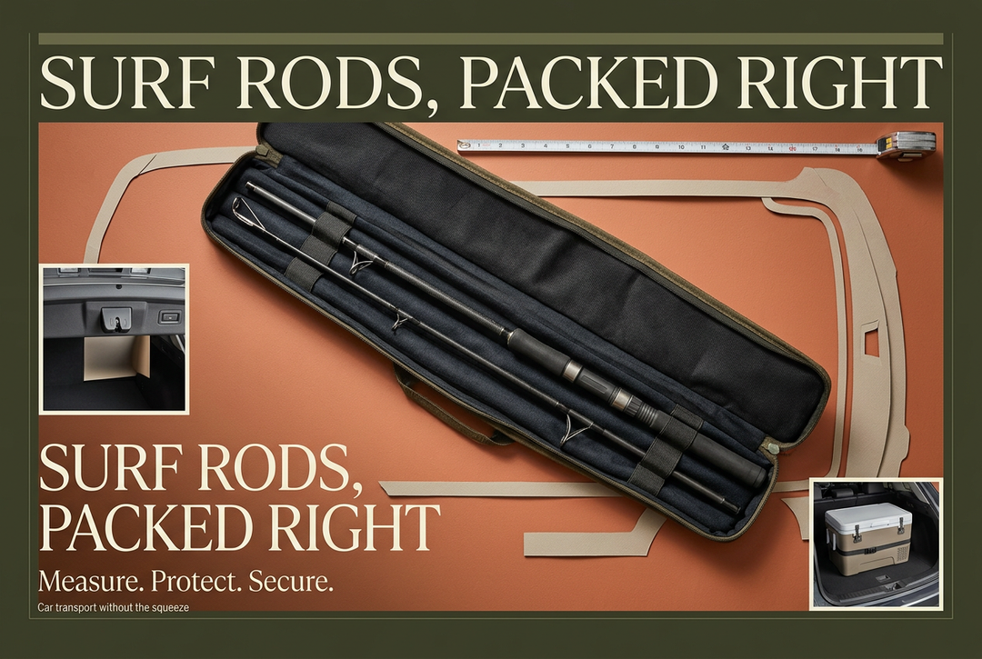 Photographic-style flat lay of a fishing rod case on a terracotta background with hatch-clearance and cooler insets beneath Surf Rods, Packed Right.