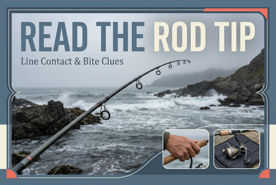 Photographic-style rod tip against misty surf with handle and reel insets beneath the English title Read the Rod Tip.