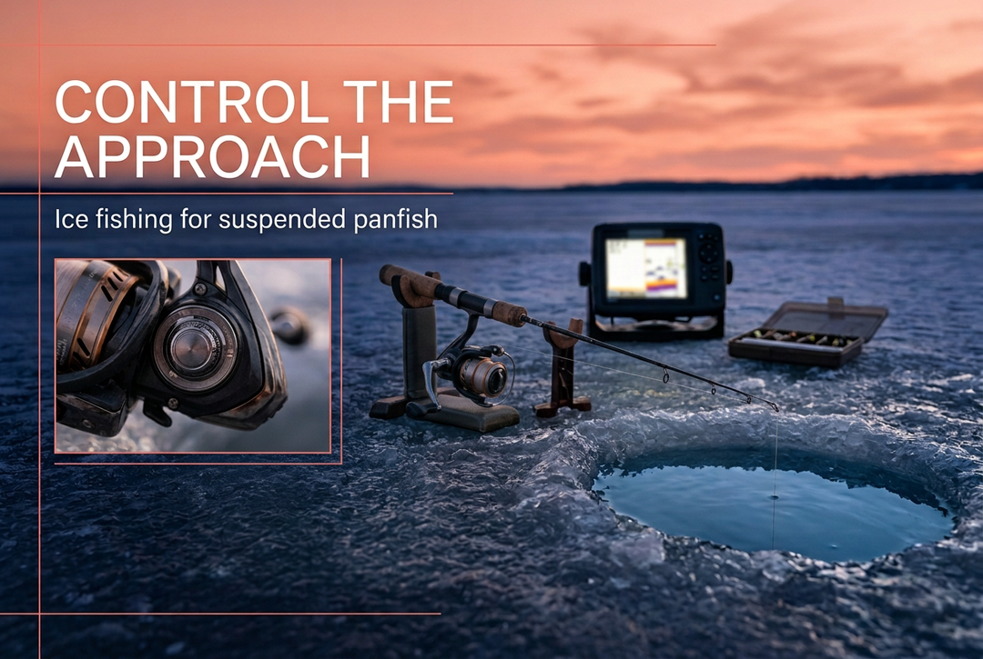Short spinning rod and reel raised on supports beside an ice hole at sunset, with a portable sonar unit and reel-detail inset.