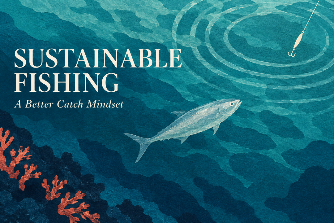 Sustainable Fishing: A Better Catch Mindset cover illustration with a silver fish, fishing jig and turquoise ocean.