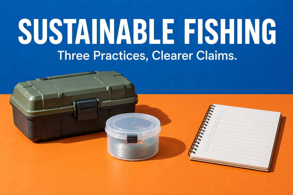 Sustainable Fishing English cover with a closed tackle box, secured line container and checklist in a blue-and-orange conceptual studio composition, not a product certification photograph.