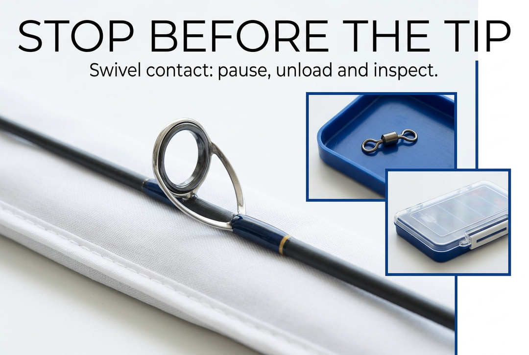 Supported rod guide with inset photographs of a detached swivel and closed tackle box, headed Stop Before the Tip
