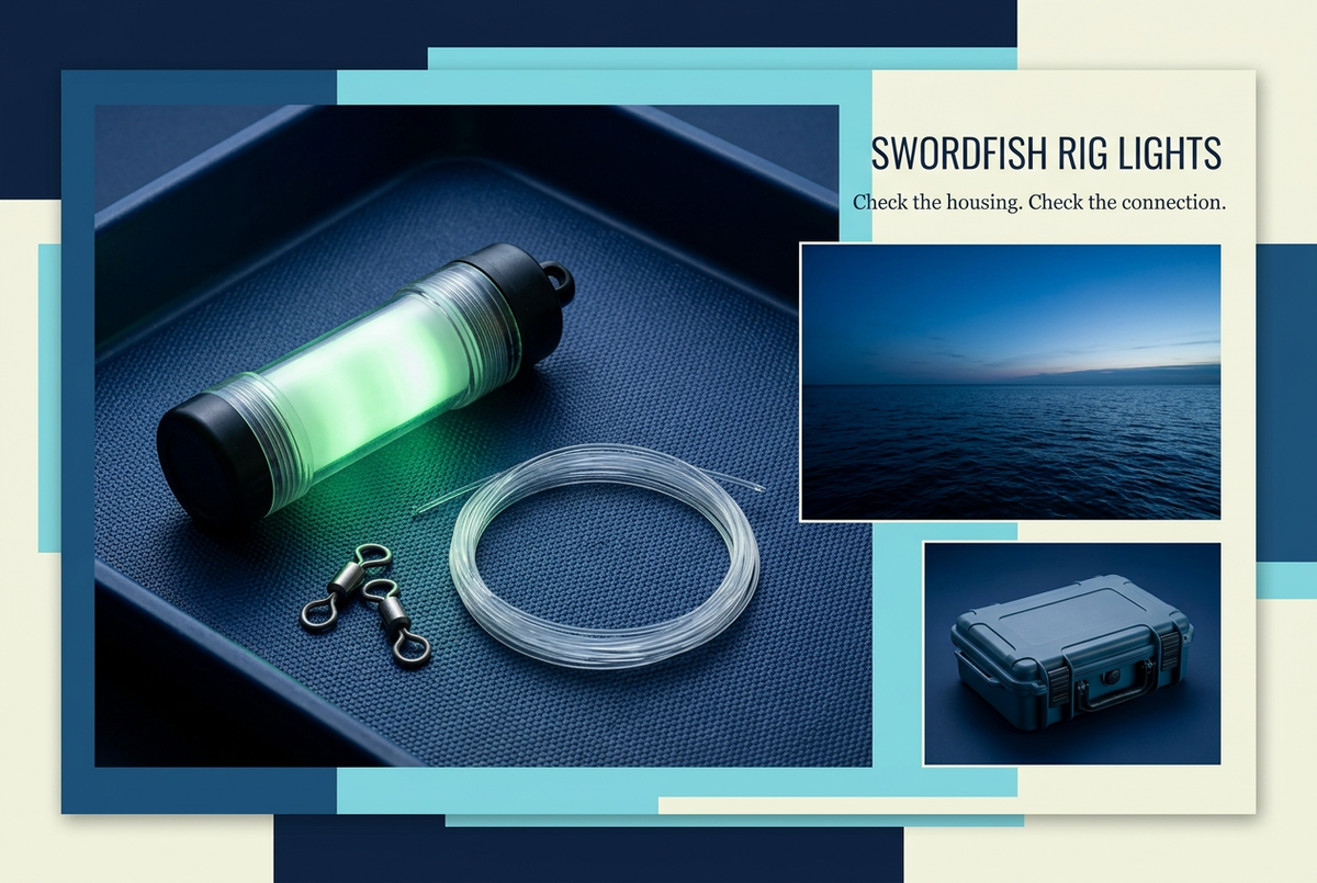 Green-glowing cylindrical fishing light beside a separate leader coil and swivels, with dusk-sea and tackle-box insets, headed Swordfish Rig Lights.
