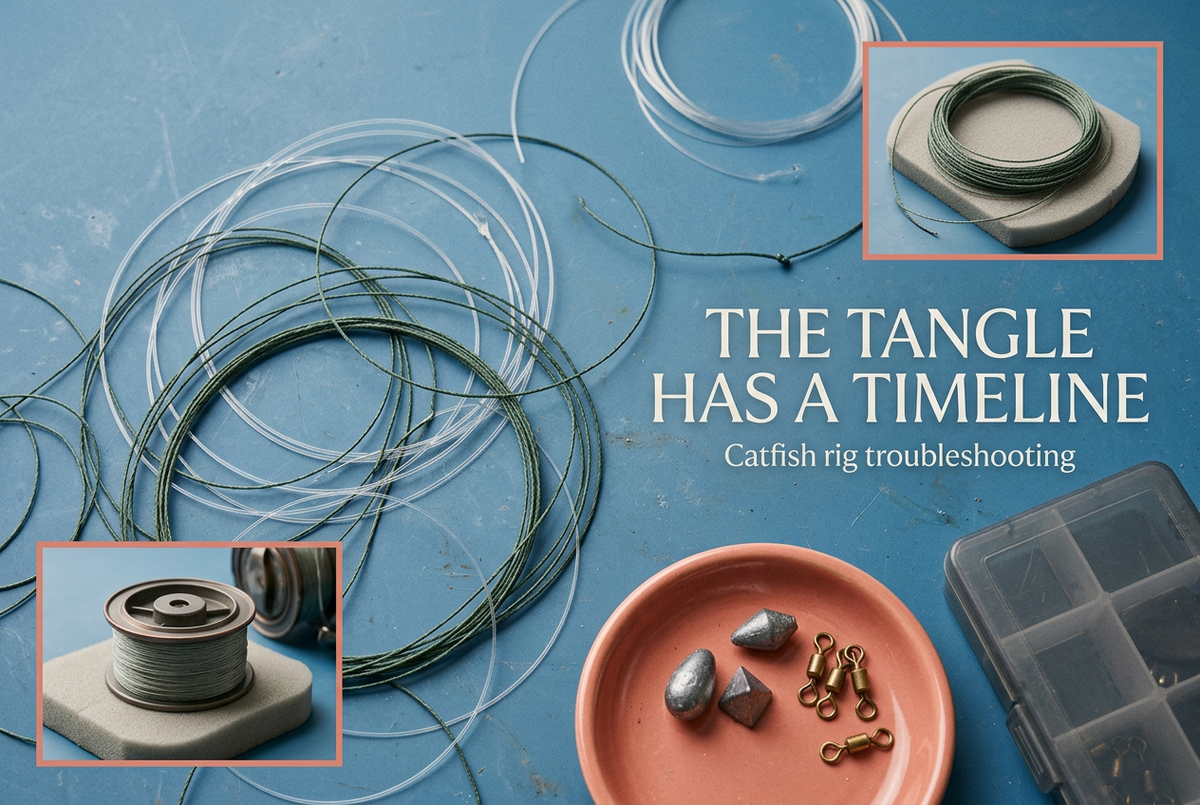 Overlapping clear leader and braided line loops beside detached sinkers, swivels and tackle storage beneath The Tangle Has a Timeline.