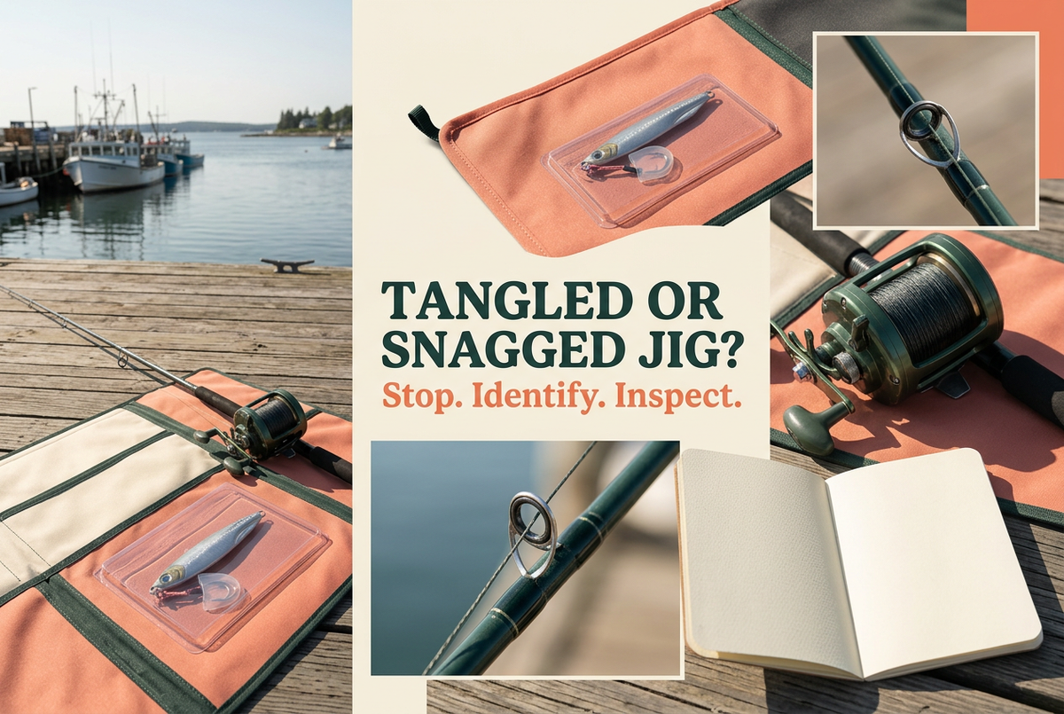 Coral and cream dockside inspection collage with a generic reel, supported rod guides and stored jig, titled Tangled or Snagged Jig? Stop. Identify. Inspect.