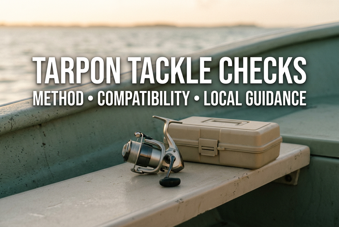 Photorealistic generated dawn boat scene with a generic spinning reel and closed tackle box, reading Tarpon Tackle Checks: Method, Compatibility, Local Guidance.