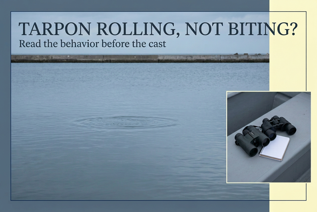 Surface ripple in a silver-blue harbor with binoculars and notebook inset, headed Tarpon Rolling, Not Biting? Read the behavior before the cast.