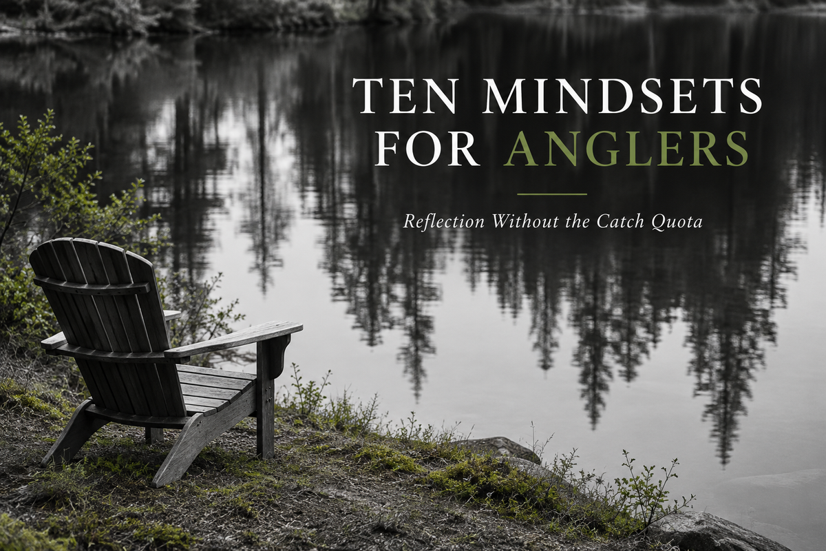 Ten Mindsets for Anglers English cover with an empty chair beside a pond and tree reflections, mostly monochrome with moss-green accents.