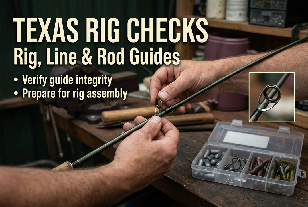 Texas Rig Checks cover showing an adult examining a generic rod guide at rest in a workshop, with a tray of sinkers, hooks and soft baits and a guide-detail inset.