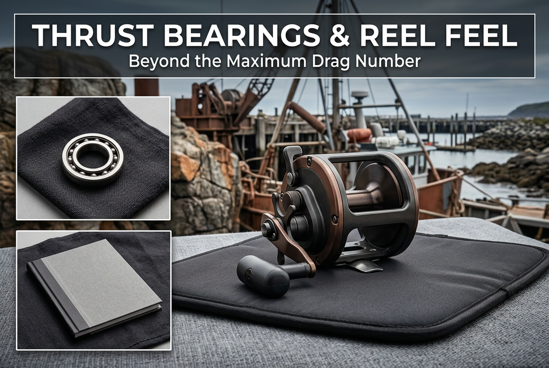 Generic conventional reel on a padded mat with bearing and closed-booklet insets beneath Thrust Bearings and Reel Feel.